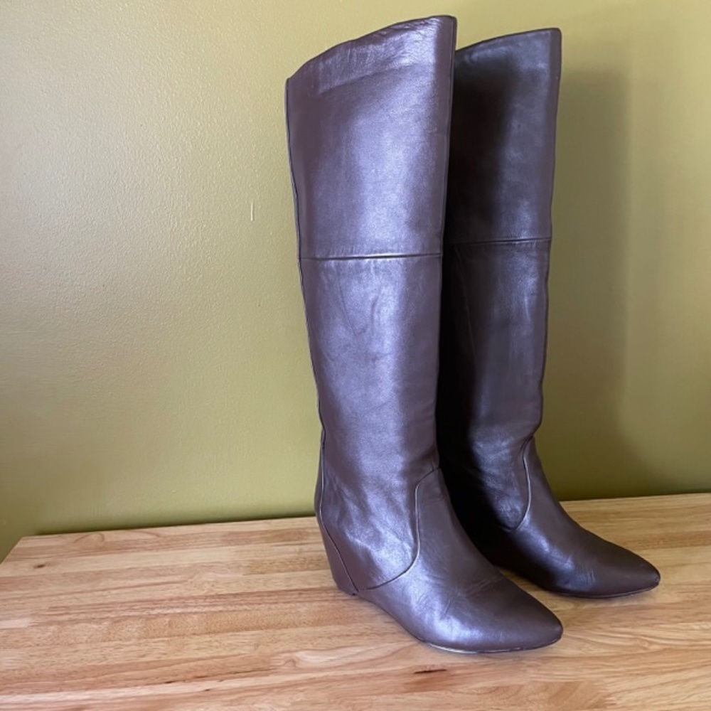 90s Brown Wedge Heel Report Knee High Boots